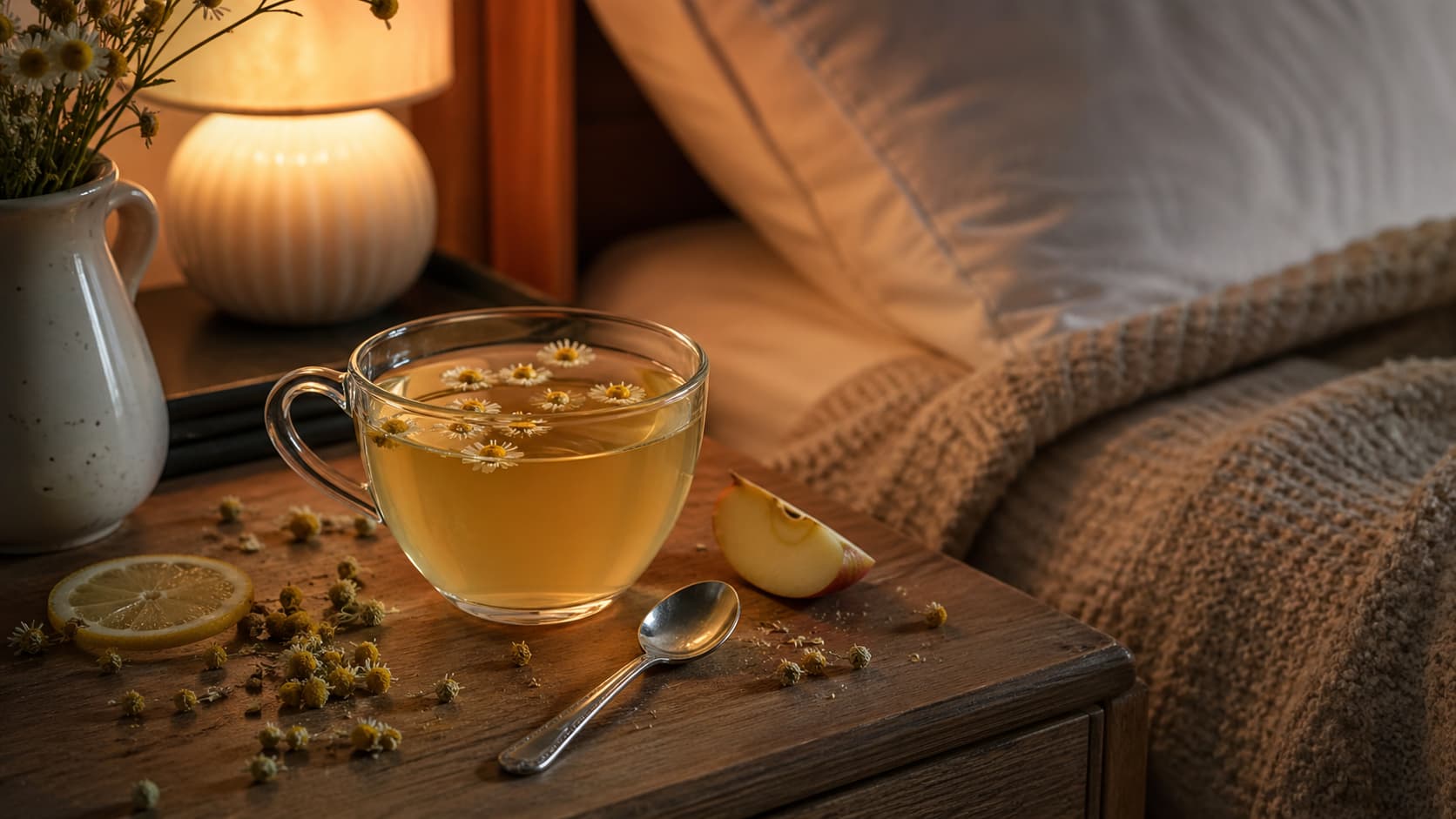Ромашковый чай перед сном с цветками ромашки и теплой чашкой