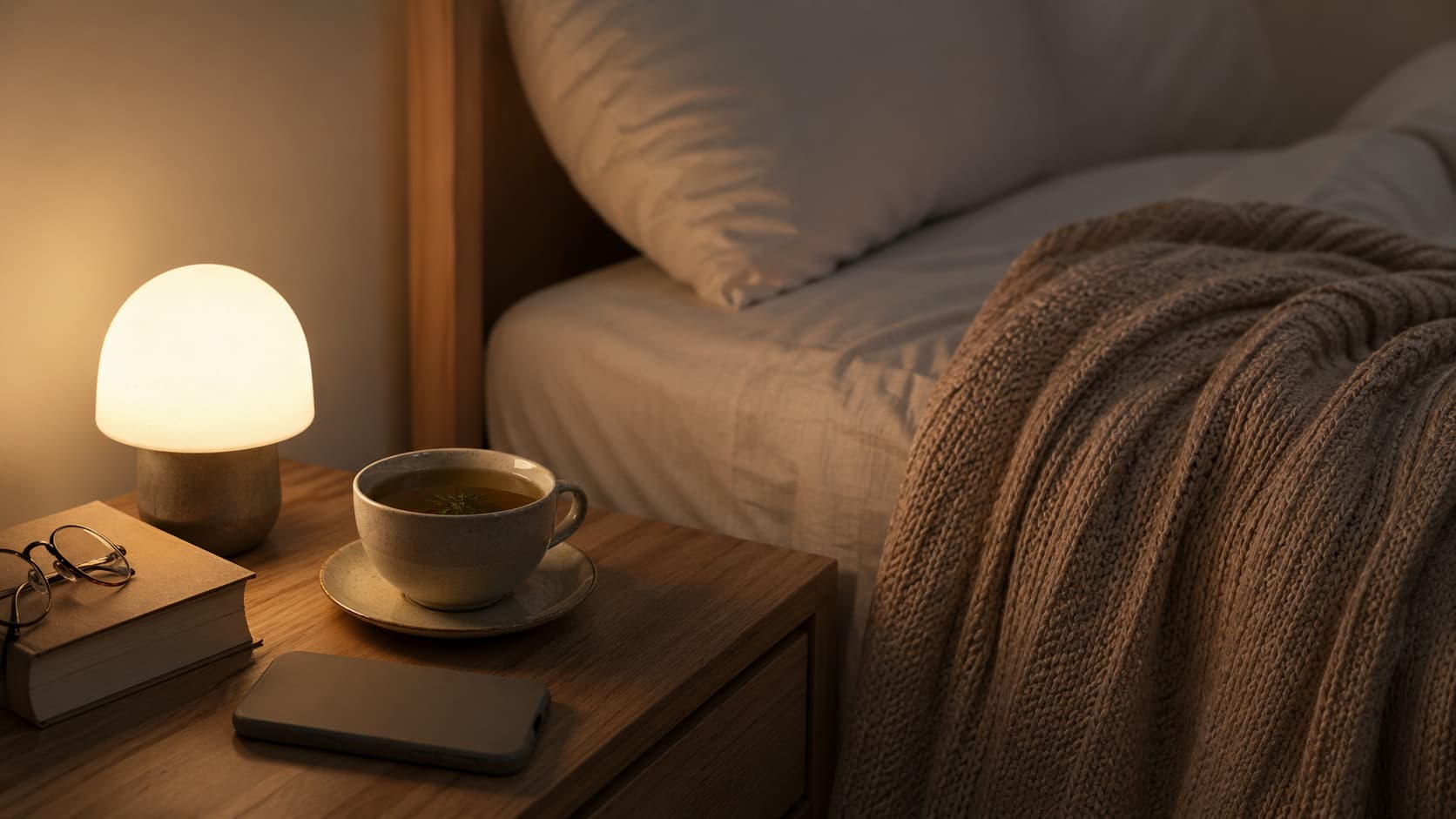 Вечерний ритуал с травяным чаем книгой приглушенным светом и отдыхом без гаджетов