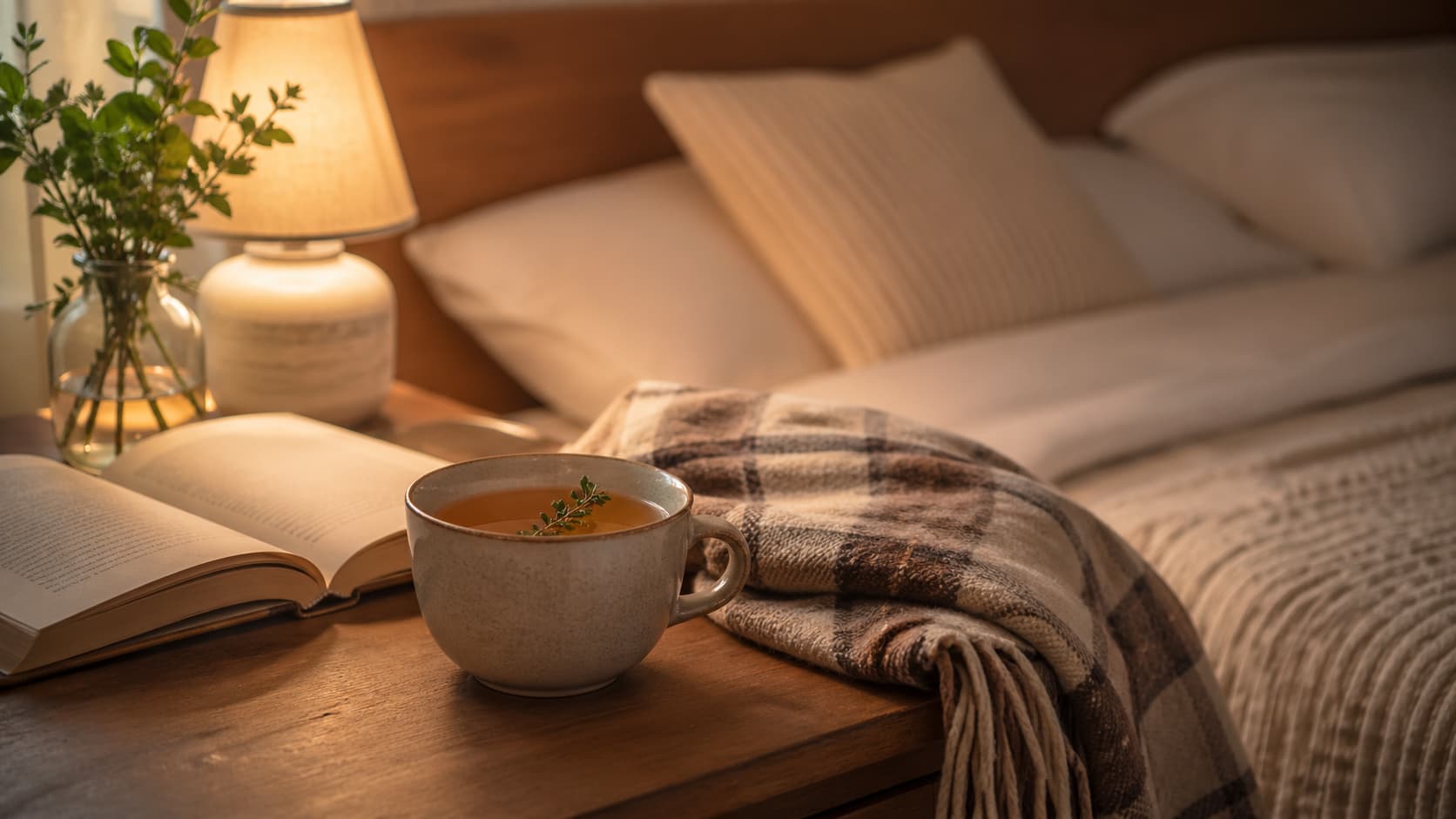 Чашка травяного чая перед сном в спокойной вечерней обстановке