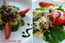 Печень на сырной подушке с рукколой, помидорами и бальзамическим уксусом